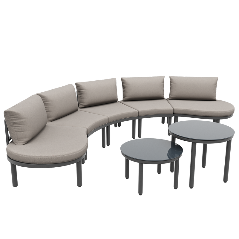 Ensemble de salon canapé de jardin arrondi (5 places), 2 tables basses en verre trempé avec coussins d&