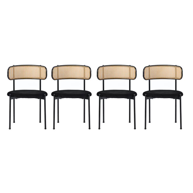 Lot de 4 chaises de salle à manger rétro vintage dossier en rotin assise velours noir YUHRAR BLACK