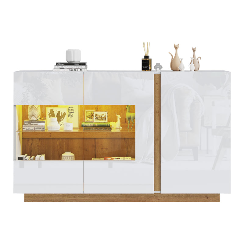 Buffet blanc brillance avec verre, 3 portes et éclairage LED 138*38*90.5cm ZECOIN