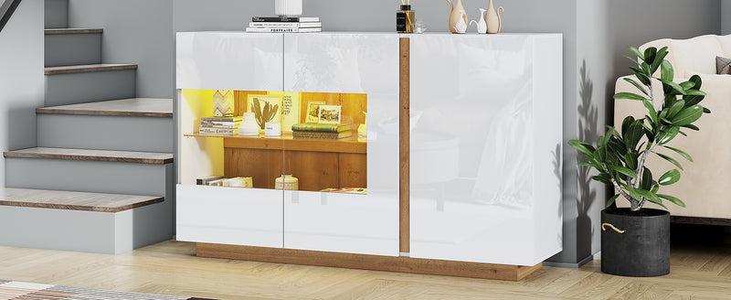 Buffet blanc brillance avec verre, 3 portes et éclairage LED 138*38*90.5cm ZECOIN