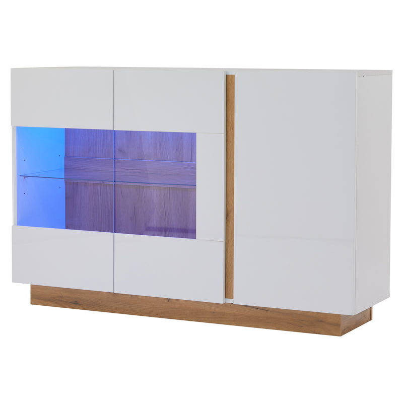 Buffet blanc brillance avec verre, 3 portes et éclairage LED 138*38*90.5cm ZECOIN