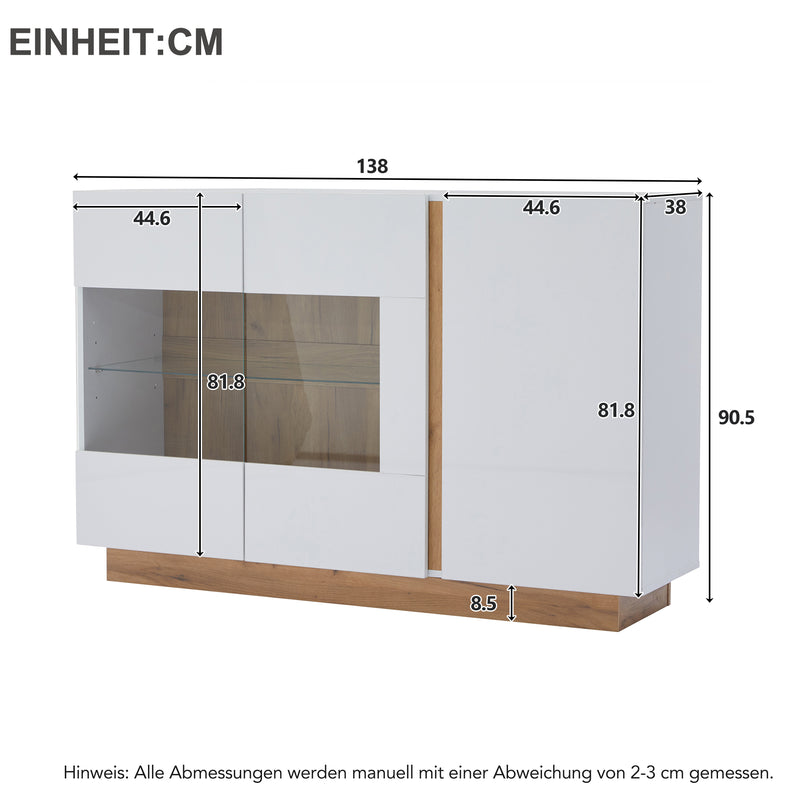 Buffet blanc brillance avec verre, 3 portes et éclairage LED 138*38*90.5cm ZECOIN