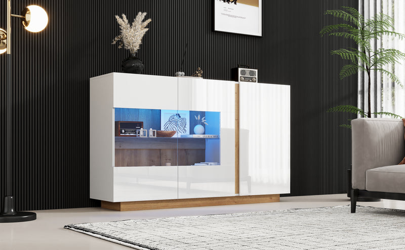 Buffet blanc brillance avec verre, 3 portes et éclairage LED 138*38*90.5cm ZECOIN