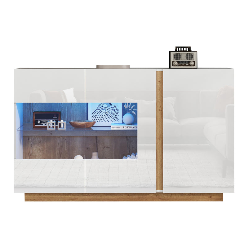 Buffet blanc brillance avec verre, 3 portes et éclairage LED 138*38*90.5cm ZECOIN