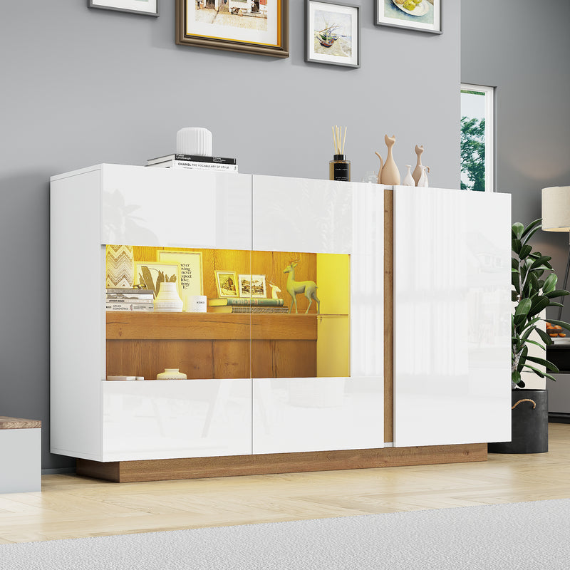 Buffet blanc brillance avec verre, 3 portes et éclairage LED 138*38*90.5cm ZECOIN