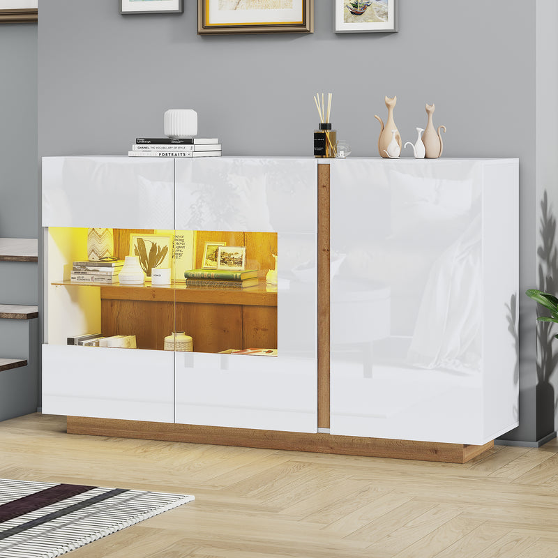 Buffet blanc brillance avec verre, 3 portes et éclairage LED 138*38*90.5cm ZECOIN