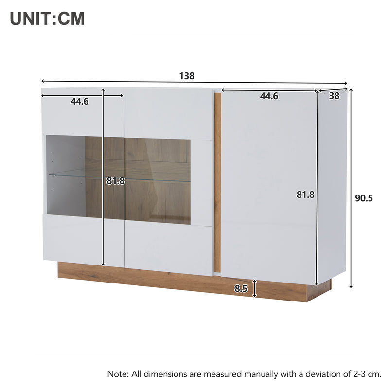 Buffet blanc brillance avec verre, 3 portes et éclairage LED 138*38*90.5cm ZECOIN