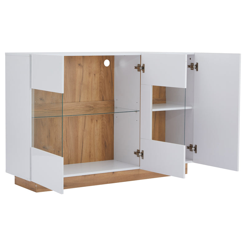 Buffet blanc brillance avec verre, 3 portes et éclairage LED 138*38*90.5cm ZECOIN