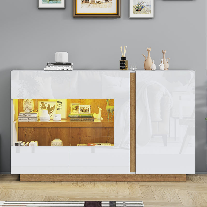 Buffet blanc brillance avec verre, 3 portes et éclairage LED 138*38*90.5cm ZECOIN