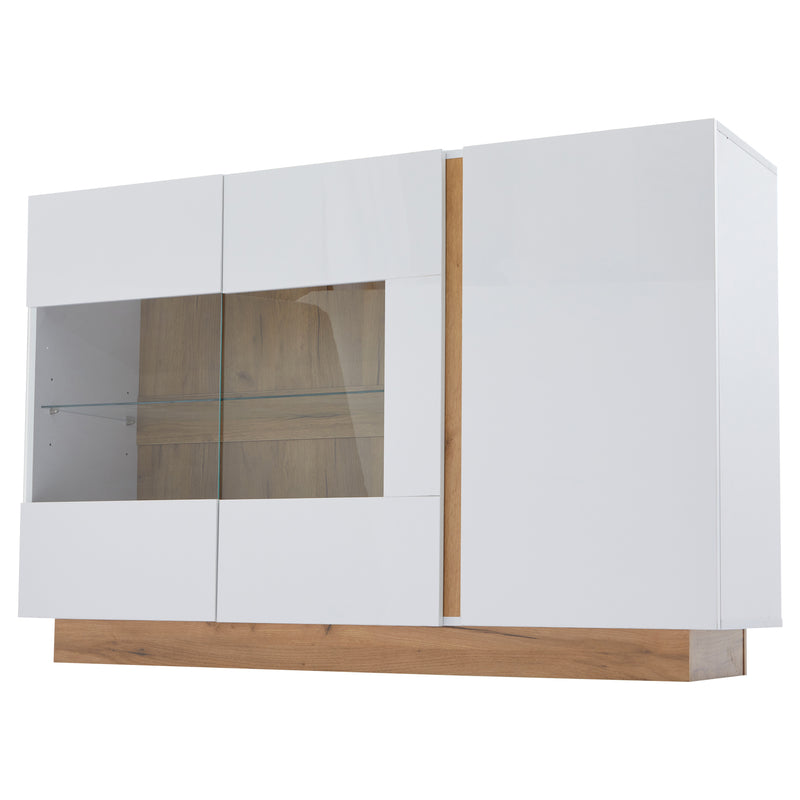 Buffet blanc brillance avec verre, 3 portes et éclairage LED 138*38*90.5cm ZECOIN