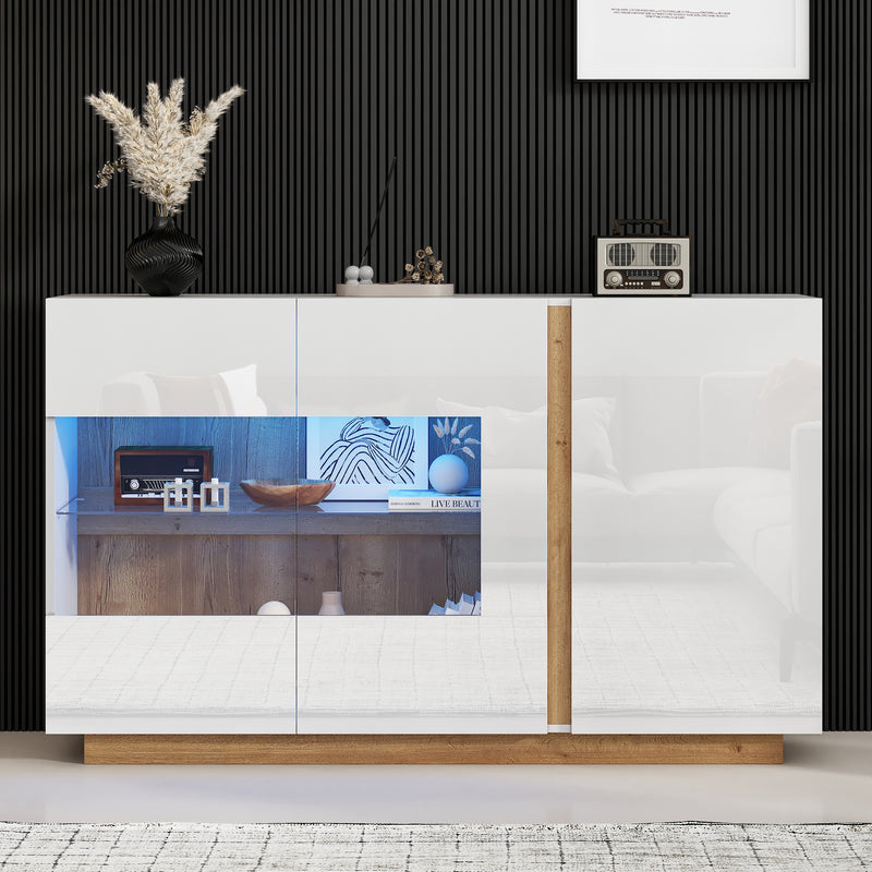 Buffet blanc brillance avec verre, 3 portes et éclairage LED 138*38*90.5cm ZECOIN