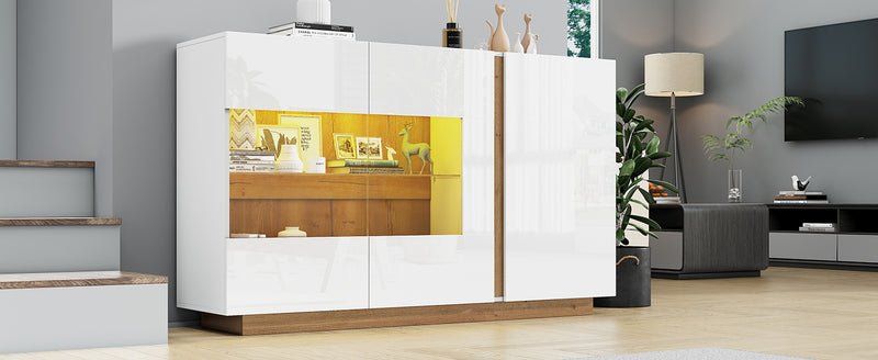 Buffet blanc brillance avec verre, 3 portes et éclairage LED 138*38*90.5cm ZECOIN