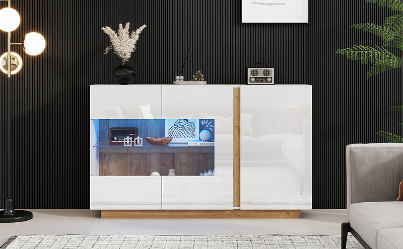 Buffet blanc brillance avec verre, 3 portes et éclairage LED 138*38*90.5cm ZECOIN