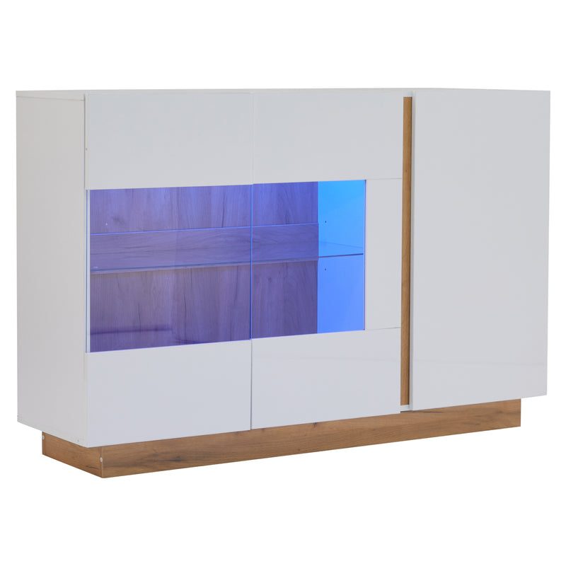 Buffet blanc brillance avec verre, 3 portes et éclairage LED 138*38*90.5cm ZECOIN