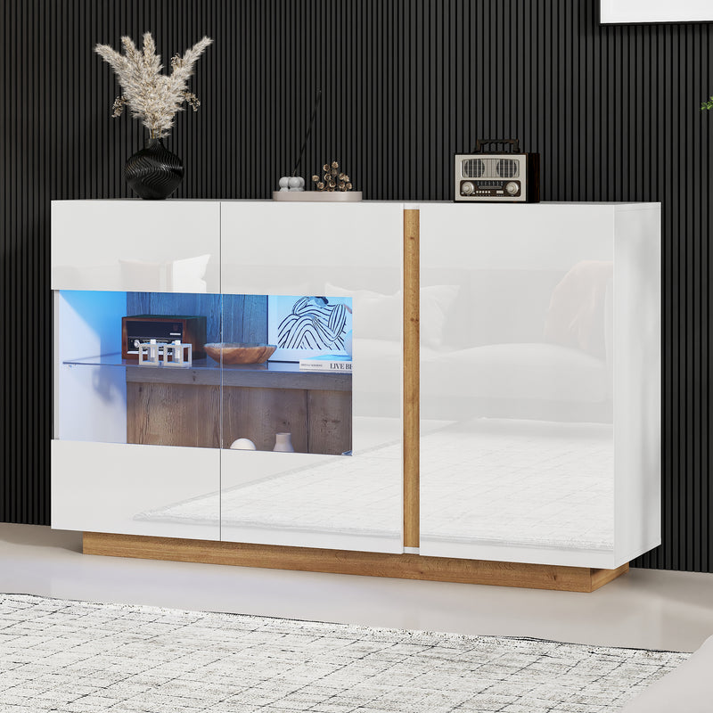 Buffet blanc brillance avec verre, 3 portes et éclairage LED 138*38*90.5cm ZECOIN