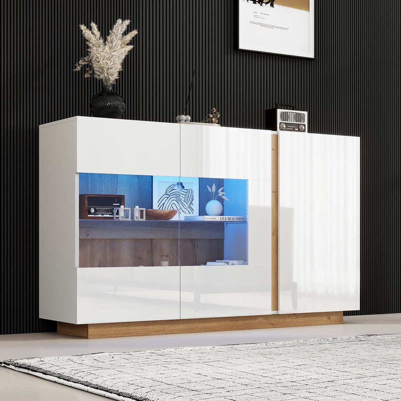 Buffet blanc brillance avec verre, 3 portes et éclairage LED 138*38*90.5cm ZECOIN