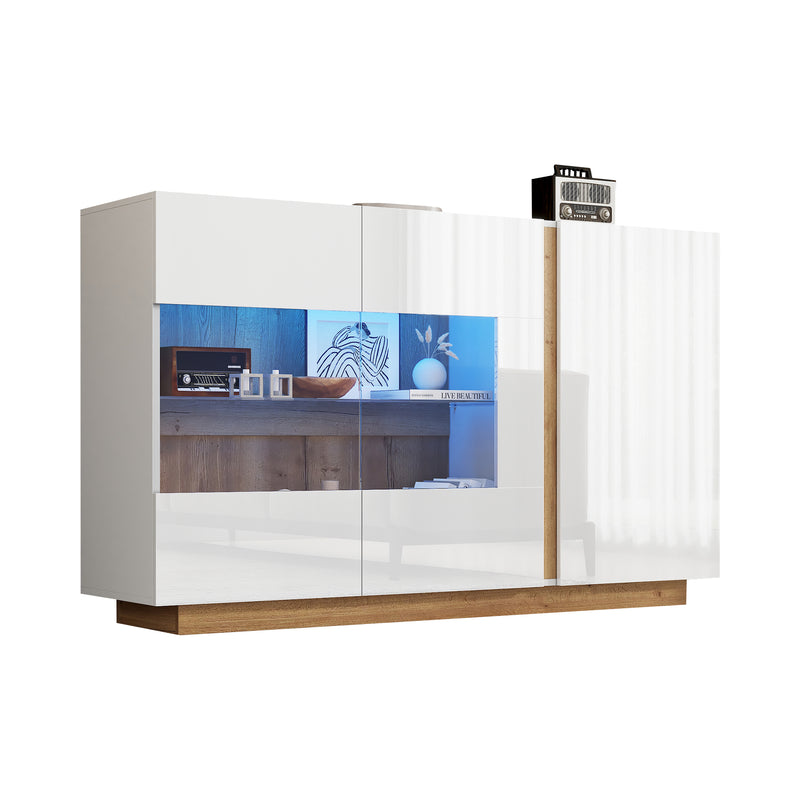 Buffet blanc brillance avec verre, 3 portes et éclairage LED 138*38*90.5cm ZECOIN