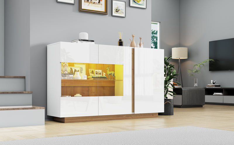 Buffet blanc brillance avec verre, 3 portes et éclairage LED 138*38*90.5cm ZECOIN