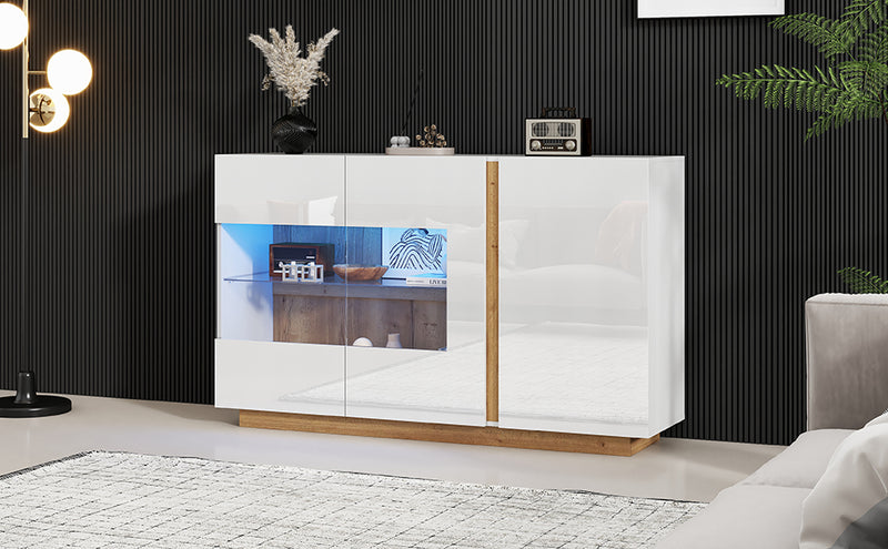 Buffet blanc brillance avec verre, 3 portes et éclairage LED 138*38*90.5cm ZECOIN