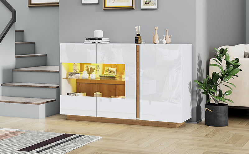 Buffet blanc brillance avec verre, 3 portes et éclairage LED 138*38*90.5cm ZECOIN