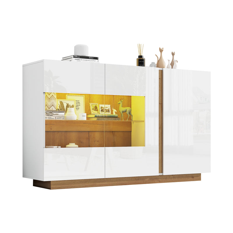 Buffet blanc brillance avec verre, 3 portes et éclairage LED 138*38*90.5cm ZECOIN