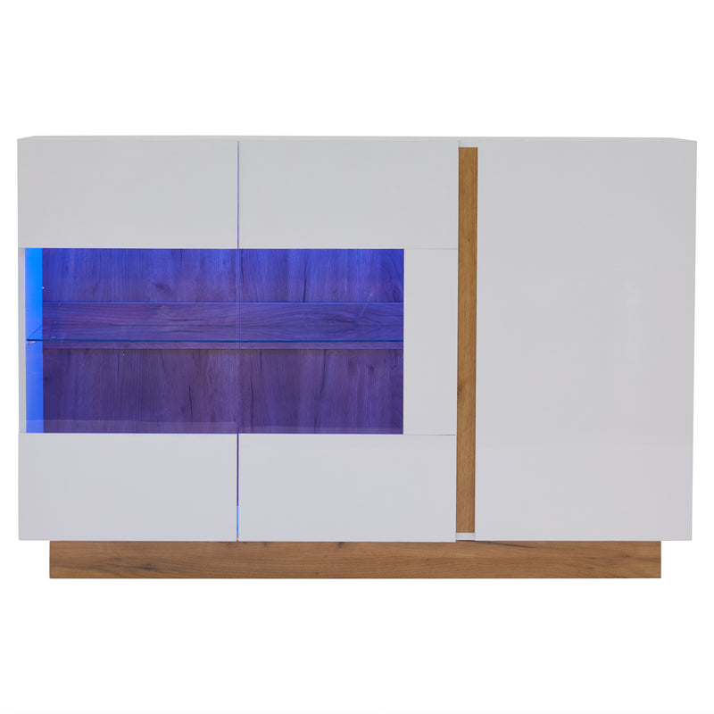 Buffet blanc brillance avec verre, 3 portes et éclairage LED 138*38*90.5cm ZECOIN