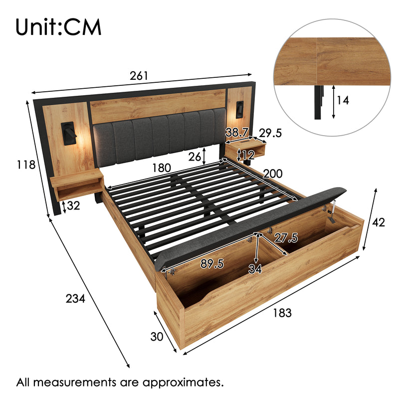 Lit double capitonné lin gris effet bois chêne avec lampe et table de chevet, prise USB C 180×200 (sans matelas) ZILKITH KING