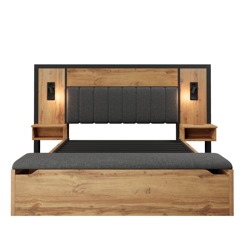 Lit double capitonné lin gris effet bois chêne avec lampe et table de chevet, prise USB C 180×200 (sans matelas) ZILKITH KING