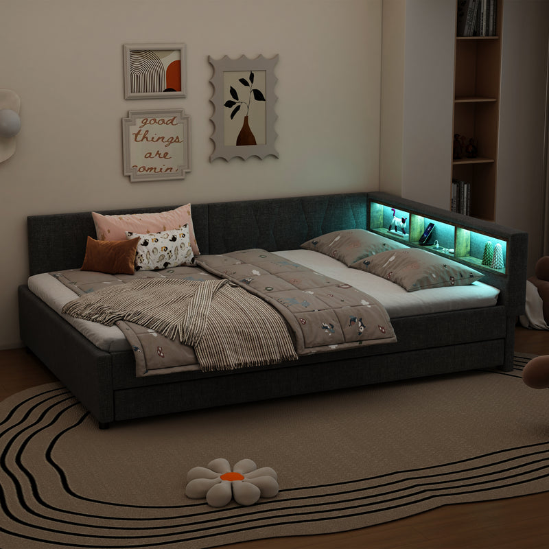 Lit double de jour canapé-lit gigogne extensible lin gris avec éclairage LED, prises USB et rangement 140*200 ZUDDIEN