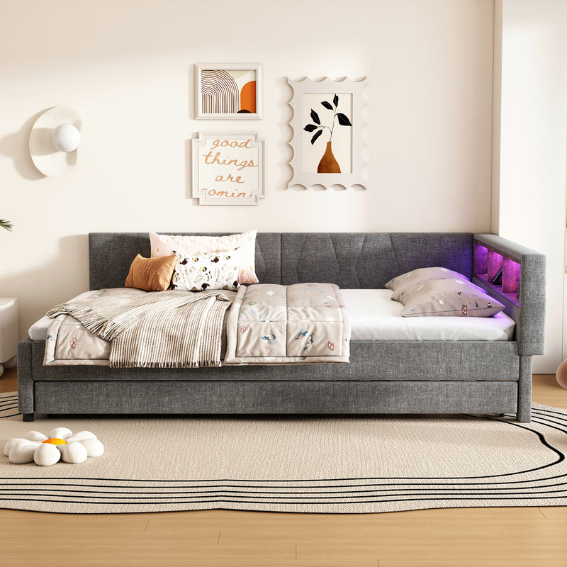 Lit double de jour canapé-lit gigogne extensible lin gris avec éclairage LED, prises USB et rangement 140*200 ZUDDIEN