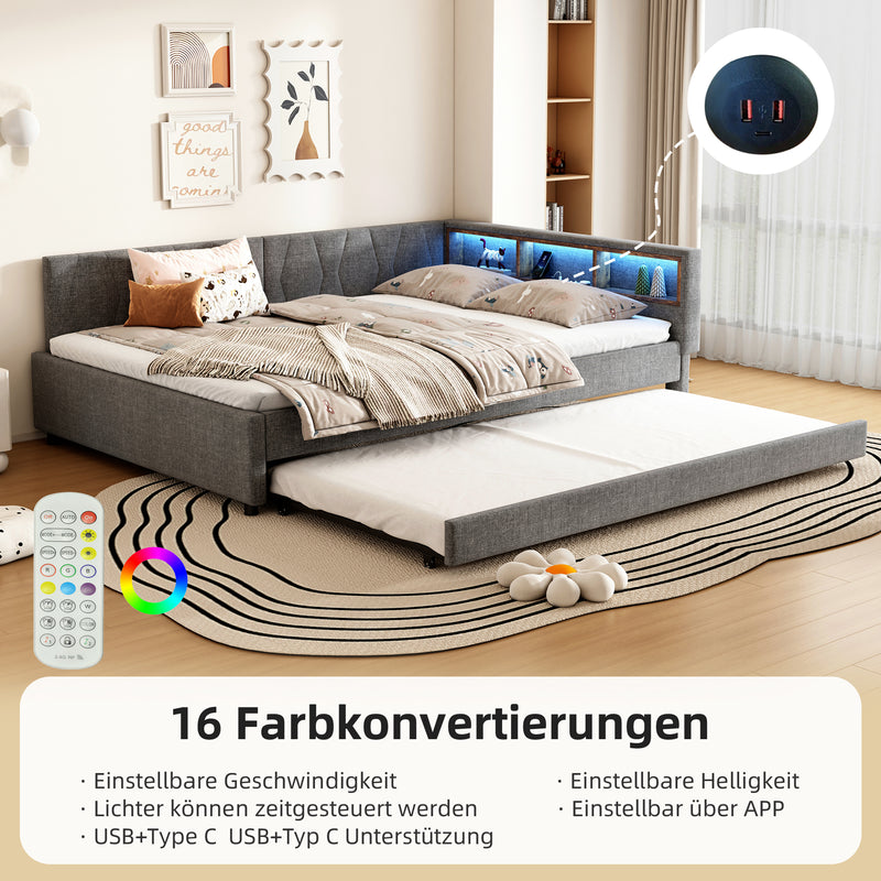 Lit double de jour canapé-lit gigogne extensible lin gris avec éclairage LED, prises USB et rangement 140*200 ZUDDIEN