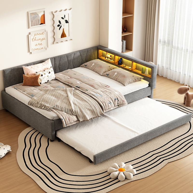 Lit double de jour canapé-lit gigogne extensible lin gris avec éclairage LED, prises USB et rangement 140*200 ZUDDIEN