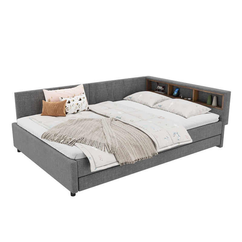 Lit double de jour canapé-lit gigogne extensible lin gris avec éclairage LED, prises USB et rangement 140*200 ZUDDIEN