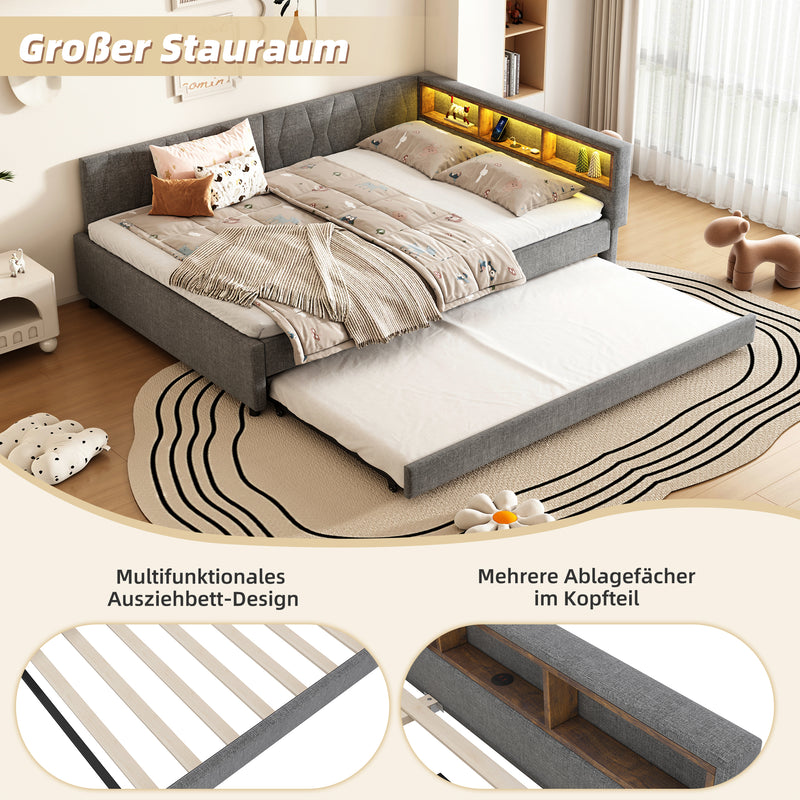 Lit double de jour canapé-lit gigogne extensible lin gris avec éclairage LED, prises USB et rangement 140*200 ZUDDIEN