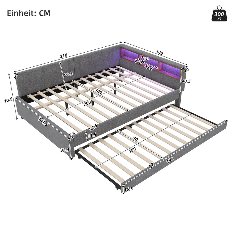 Lit double de jour canapé-lit gigogne extensible lin gris avec éclairage LED, prises USB et rangement 140*200 ZUDDIEN