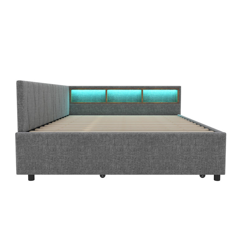 Lit double de jour canapé-lit gigogne extensible lin gris avec éclairage LED, prises USB et rangement 140*200 ZUDDIEN