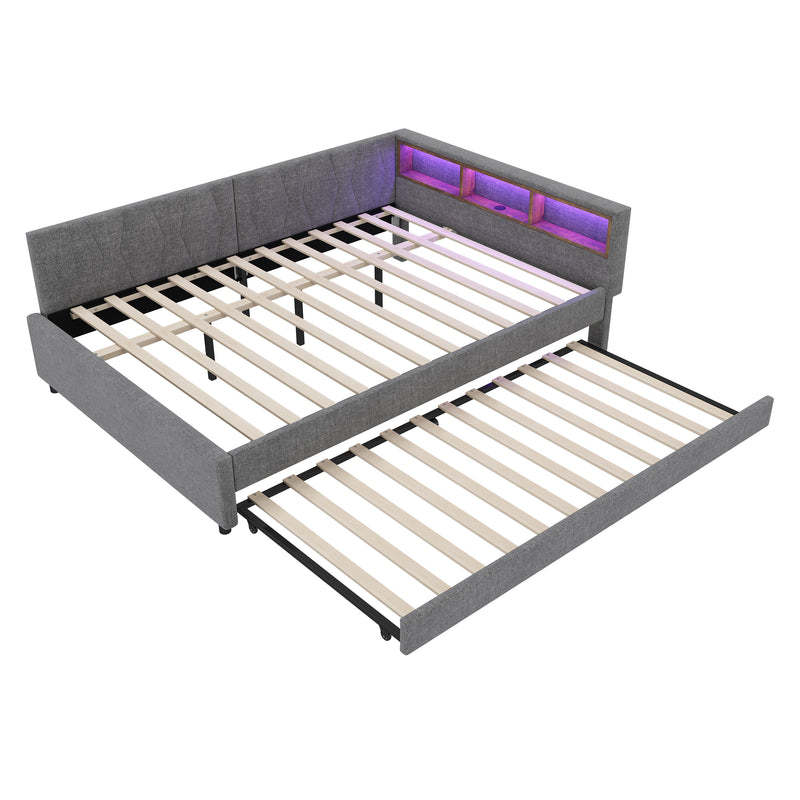 Lit double de jour canapé-lit gigogne extensible lin gris avec éclairage LED, prises USB et rangement 140*200 ZUDDIEN