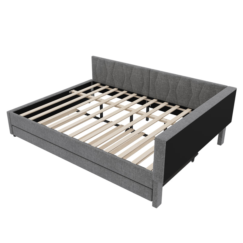 Lit double de jour canapé-lit gigogne extensible lin gris avec éclairage LED, prises USB et rangement 140*200 ZUDDIEN