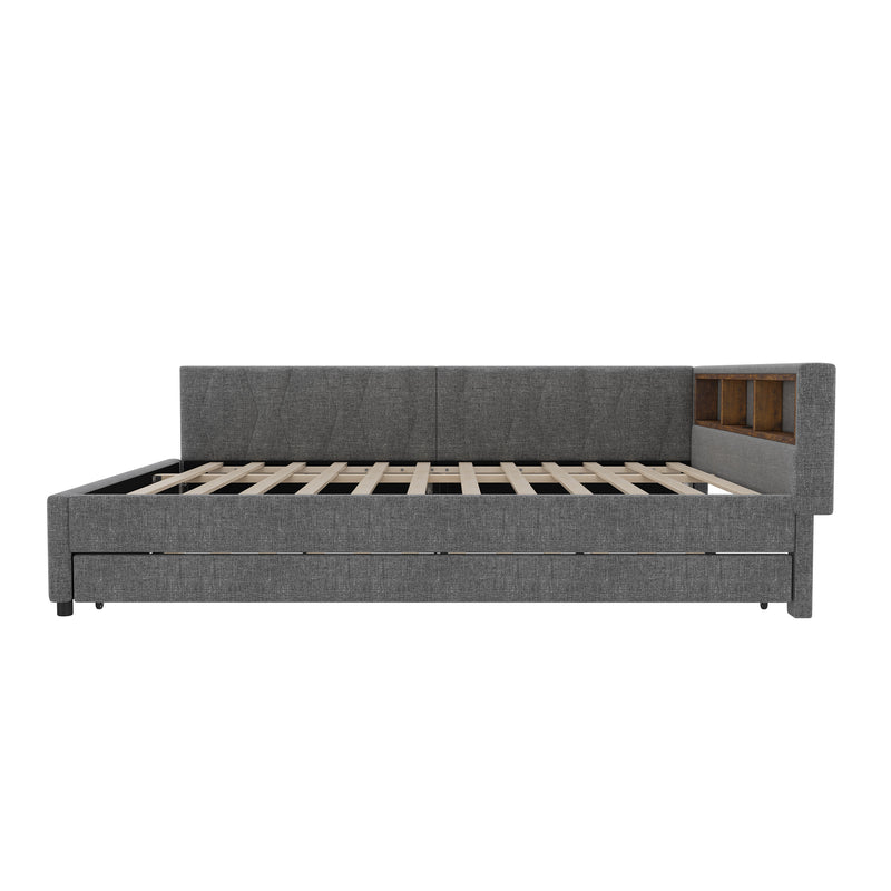 Lit double de jour canapé-lit gigogne extensible lin gris avec éclairage LED, prises USB et rangement 140*200 ZUDDIEN