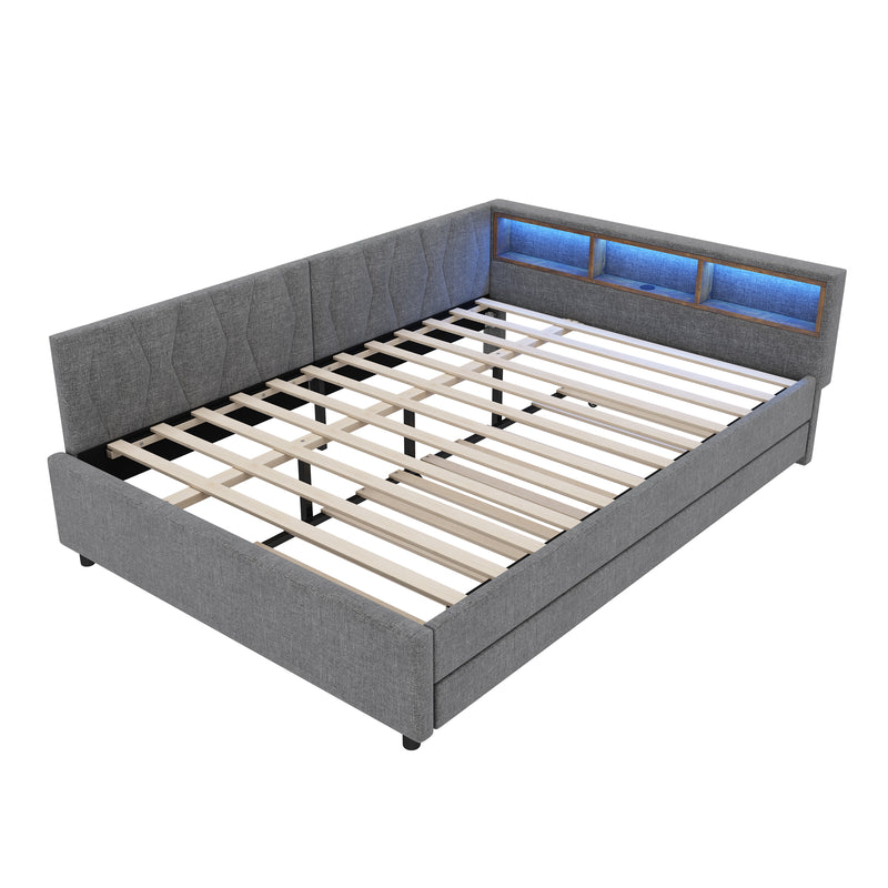 Lit double de jour canapé-lit gigogne extensible lin gris avec éclairage LED, prises USB et rangement 140*200 ZUDDIEN