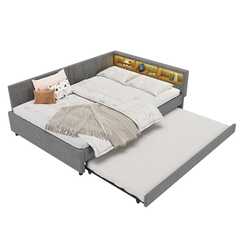 Lit double de jour canapé-lit gigogne extensible lin gris avec éclairage LED, prises USB et rangement 140*200 ZUDDIEN