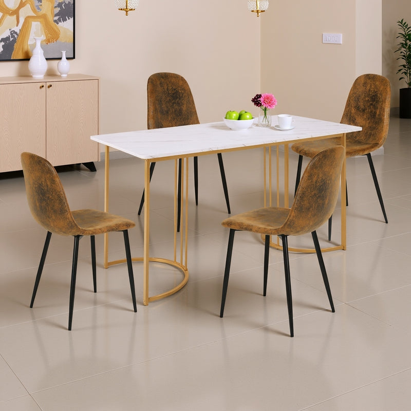 Ensemble de salle à manger élégant avec un plateau de table effet marbre blanc et des chaises en faux daim ZUNCAX+CHARLTON SUEDE BROWN
