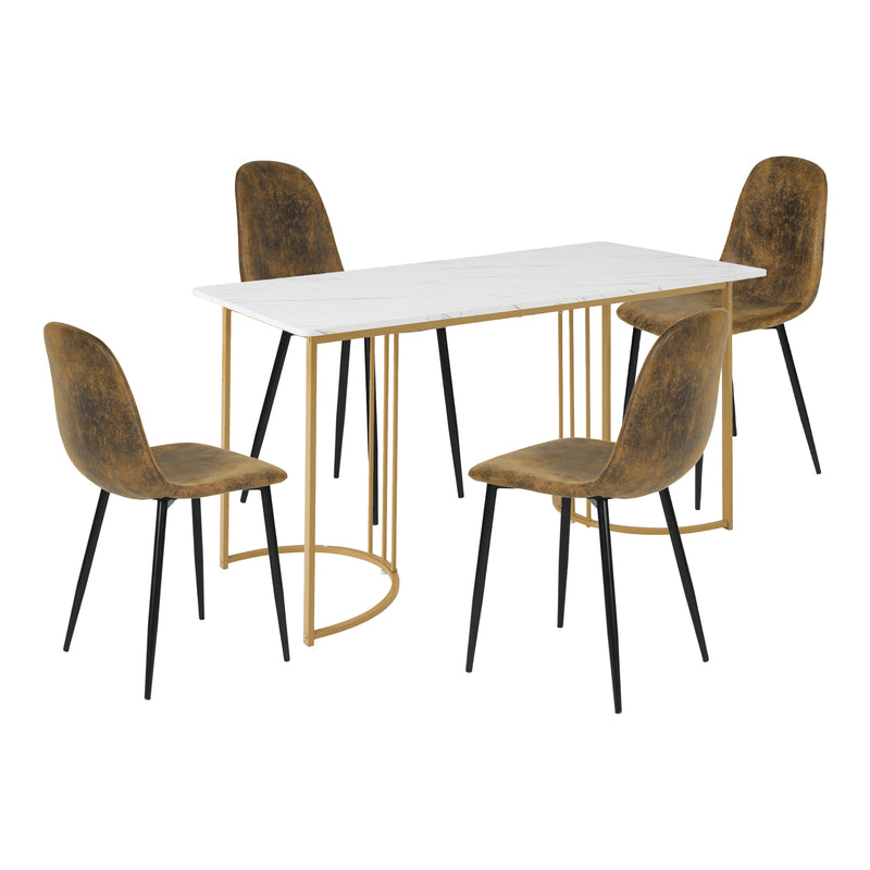 Ensemble de salle à manger élégant avec un plateau de table effet marbre blanc et des chaises en faux daim ZUNCAX+CHARLTON SUEDE BROWN