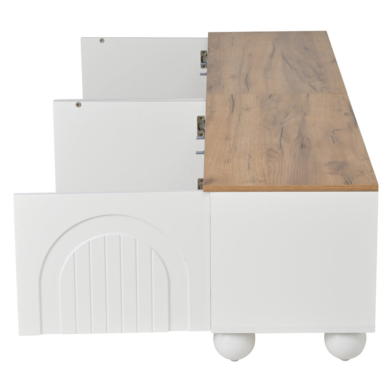 Meuble TV blanc et effet chêne 4 portes avec motifs incurvés, pieds boules CIRCULAR