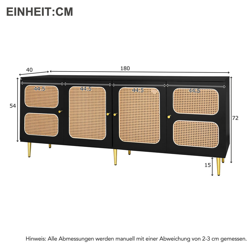 Meuble TV en rotin noir avec 4 portes en rotin, pieds et poignets dorés meubles 180x40x72cm Drezuid