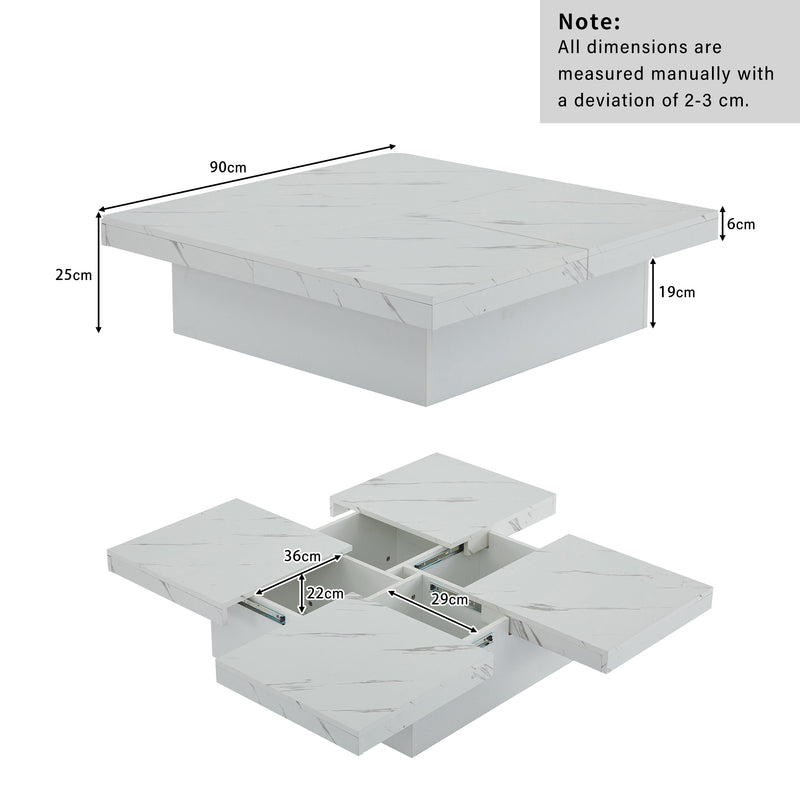 Table basse carrée moderne blanche effet marbre 4 tiroirs plateau coulissant 90x90x25cm Khekried