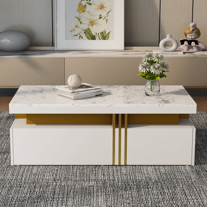 Table basse rectangulaire effet marbre blanche brillante avec 2 tiroirs 100*50*40 cm GEVREITS WHITE