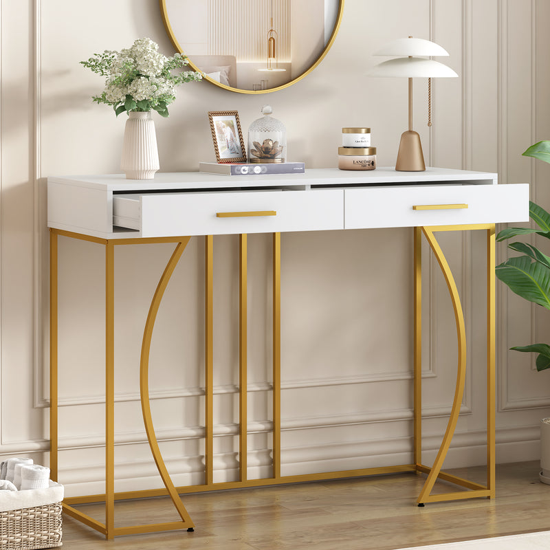 Table console blanche design et structure couleur dorée couloir avec 2 tiroirs 120x38x76cm ANNAN