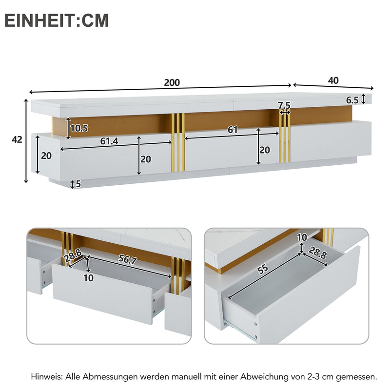 Meuble TV moderne blanc doré effet marbre avec trois tiroirs 200x40x42cm THENZOIR WHITE
