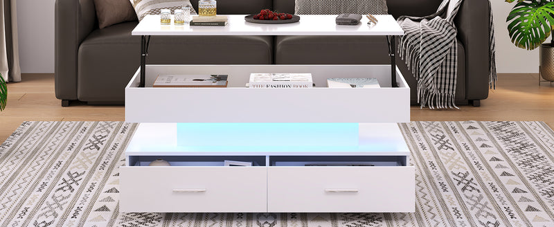 Table basse blanche plateau relevable à hauteur réglable 2 tiroirs et espace de rangement ouvert avec éclairage LED 100*50*44 cm ZAKS WHITE